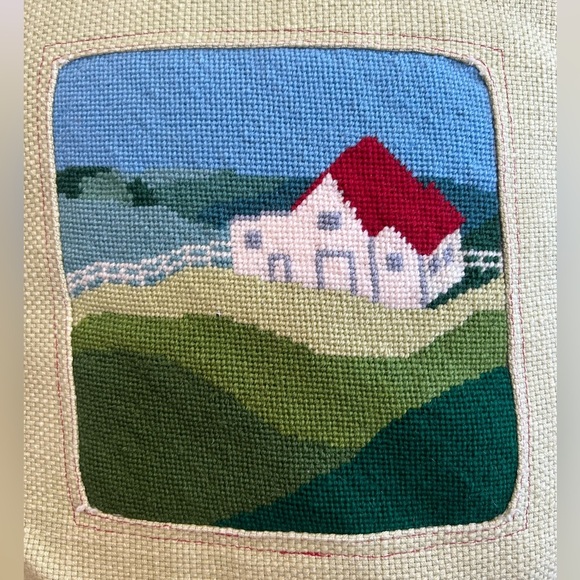 Needlepoint Pillow Scenic Farmhouse Landscape Handmade, 15x15” - Picture 3 of 7